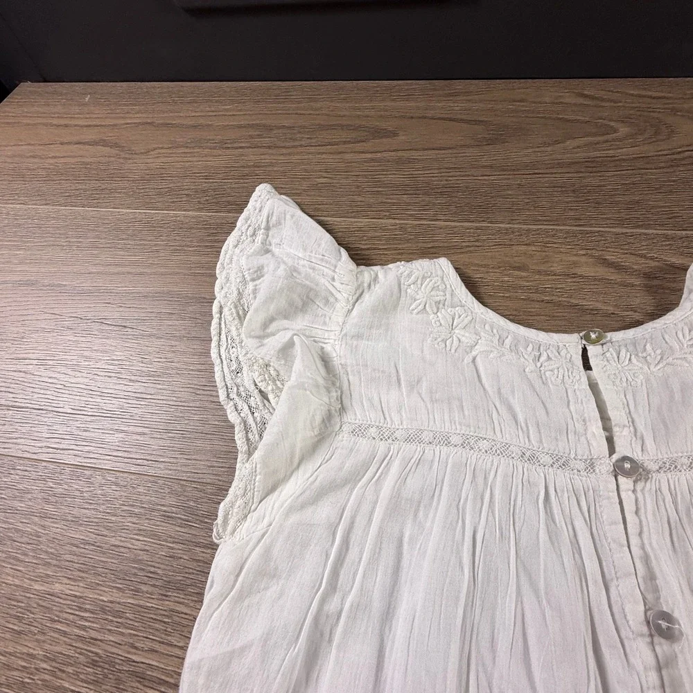 LoveShackFancy White Cotton Embroidered Lace Flutter Sleeve Dress Girls 7-8Y